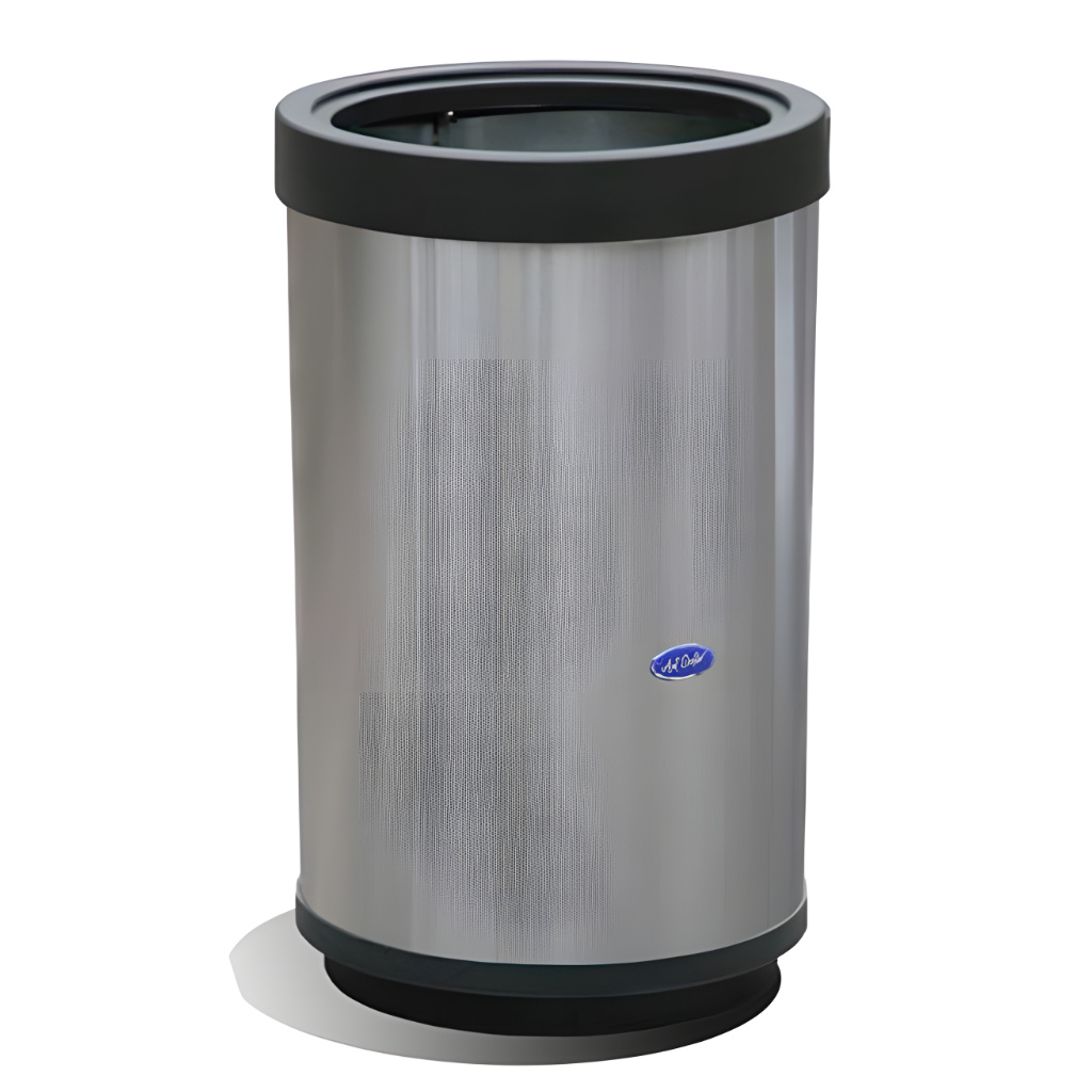 Bote de basura cilíndrico aro de 84 litros modelo 623311, contenedor jumbo de acero inoxidable pulido con tapa tipo aro y base plástica reforzada, diseñado para recolección de grandes volúmenes de residuos en interiores.