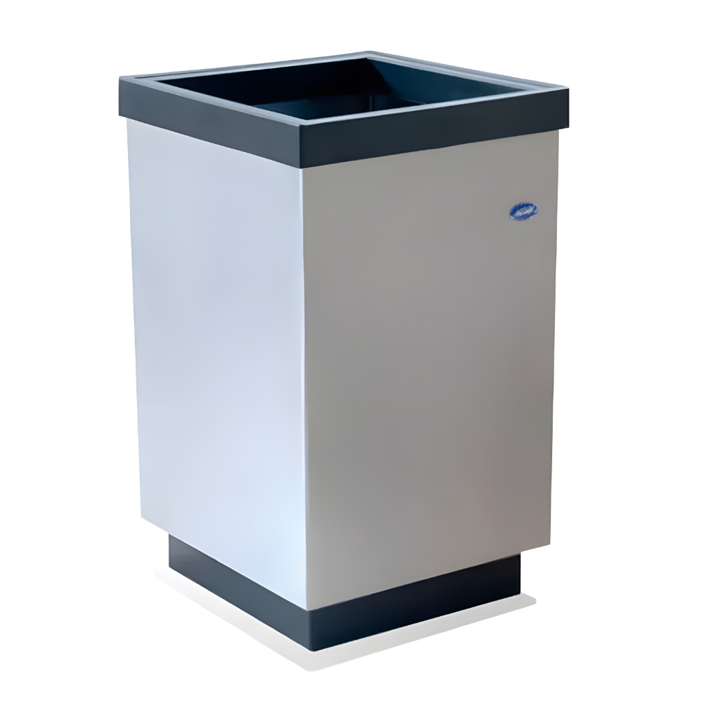 Bote de basura cubo grande abierto modelo 636011, contenedor cuadrado de 38 × 38 × 82 cm y 110 litros en acero inoxidable pulido con marco superior plástico y base negra, ideal para separación de residuos en interiores