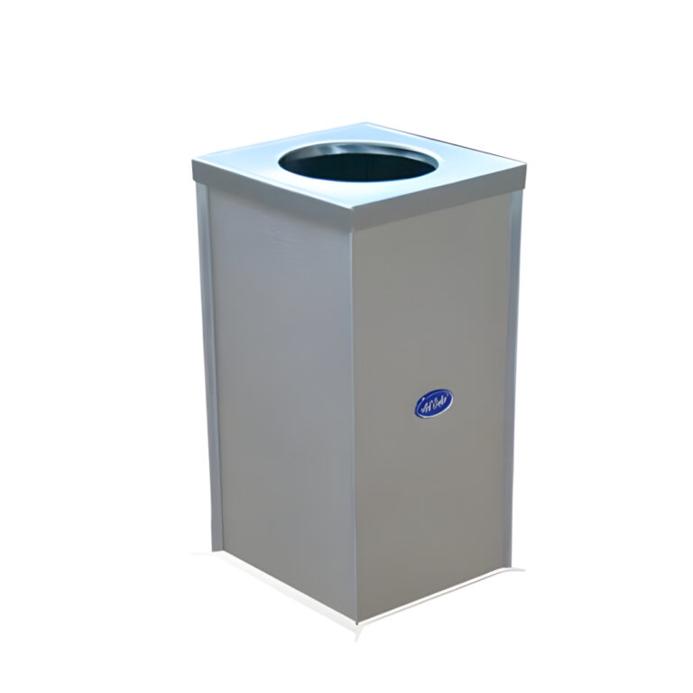 Bote de basura cubo Q de 11 litros modelo 628011, contenedor cuadrado de acero inoxidable pulido con tapa superior tipo aro, cinturón interno para sujetar la bolsa y diseño compacto ideal para baños, oficinas y habitaciones de hotel.