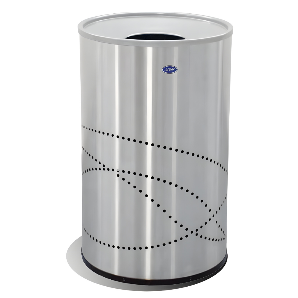 Bote de basura jumbo cónico de 150 litros modelo 624211, contenedor cilíndrico de acero inoxidable pulido con cuerpo decorativo perforado, tapa cónica con abertura circular, cinturón interno para ocultar la bolsa y base plástica que protege el piso en interiores.