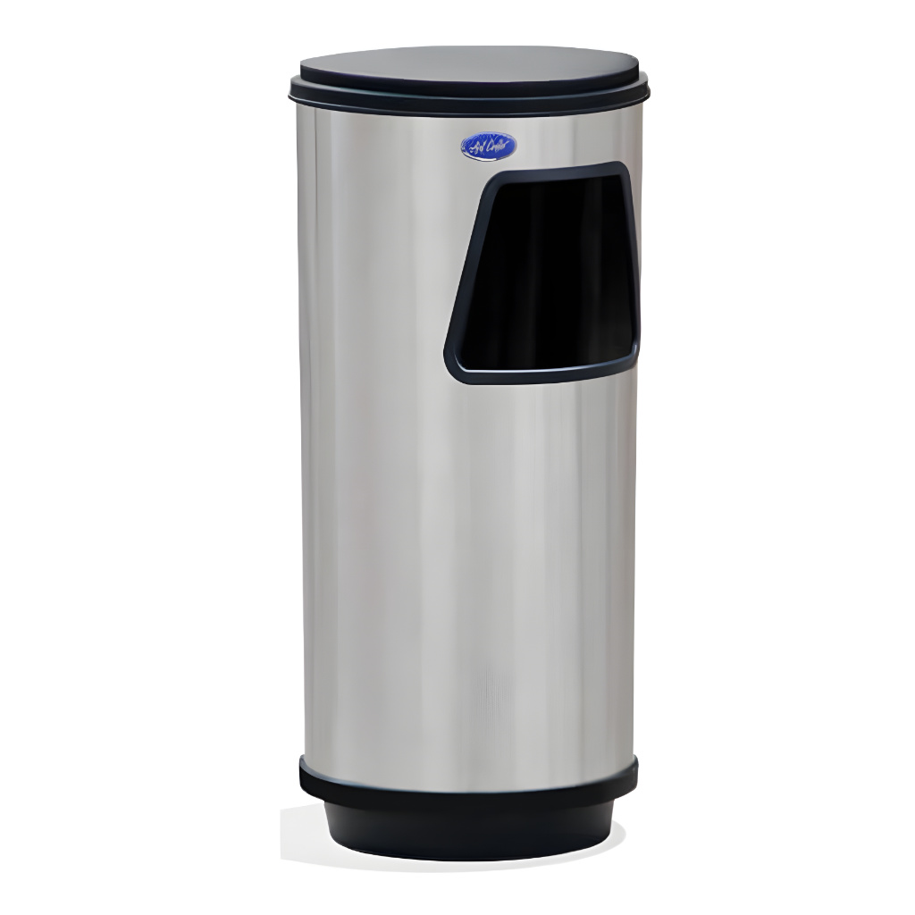 Bote de basura papelero cilíndrico de 27 litros modelo 301211, en acero inoxidable pulido con apertura lateral amplia, tapa plástica reversible tipo cenicero y base negra robusta para uso intensivo en interiores.