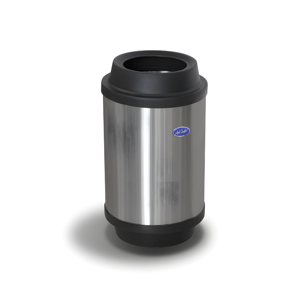 Bote de basura cilíndrico tapa pila de 12 litros modelo 620011, fabricado en acero inoxidable pulido con tapa desmontable negra, bote interior removible y base plástica de 23 cm de diámetro por 30–33 cm de alto para uso en baños y oficinas.