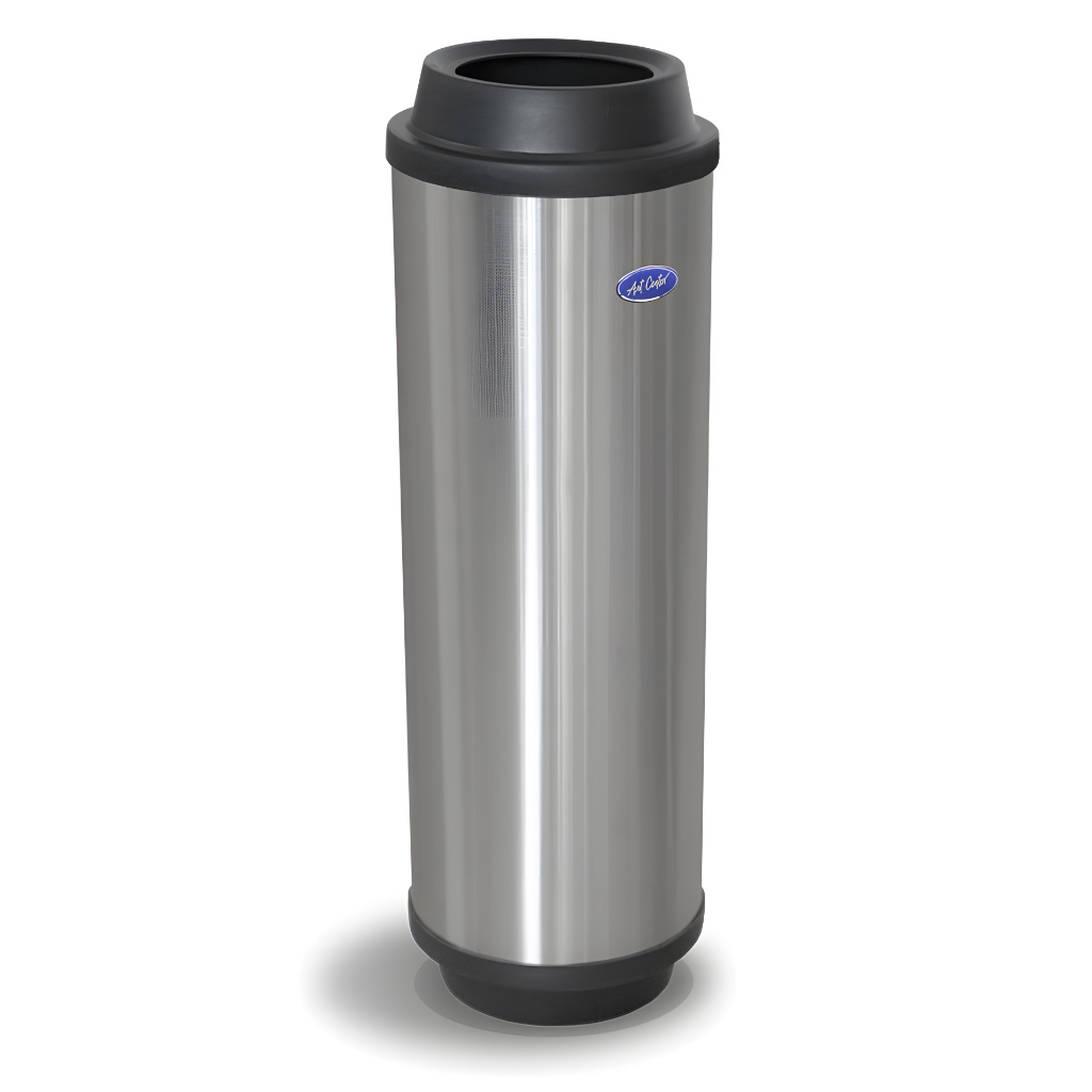 Bote de basura cilíndrico tapa pila de 25 litros modelo 620111, fabricado en acero inoxidable pulido con tapa pila negra desmontable, bote interior removible y fondo plástico de alta resistencia de 23–23.5 cm de diámetro por 61–63 cm de alto para áreas comunes.