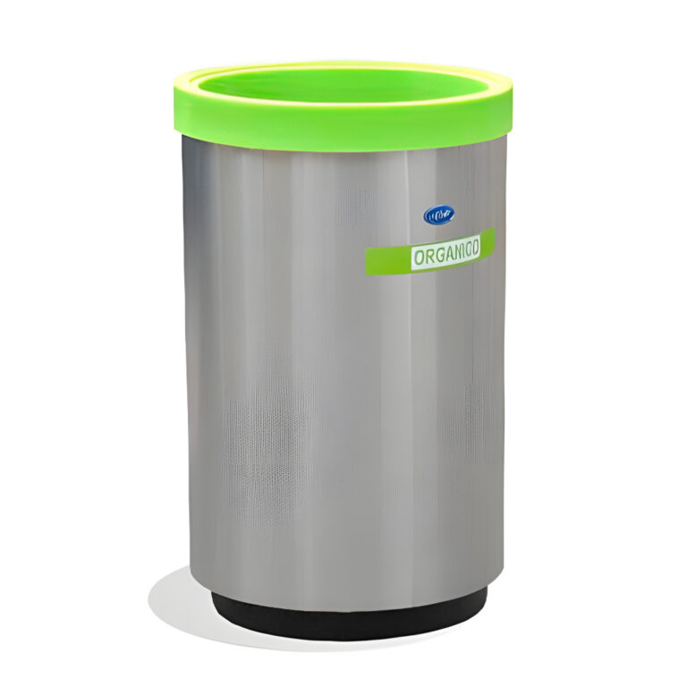 Basurero ecológico cilíndrico de 84 litros modelo 652311, acero inoxidable pulido de 40 × 40 × 67 cm con aro gris, etiqueta inorgánico y perforaciones decorativas, equipado con cinturón sujeta-bolsa y base plástica para áreas de alto flujo.