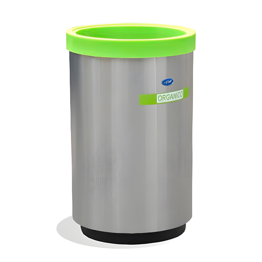 Basurero ecológico cilíndrico de 84 litros modelo 652311, acero inoxidable pulido de 40 × 40 × 67 cm con aro gris, etiqueta inorgánico y perforaciones decorativas, equipado con cinturón sujeta-bolsa y base plástica para áreas de alto flujo.