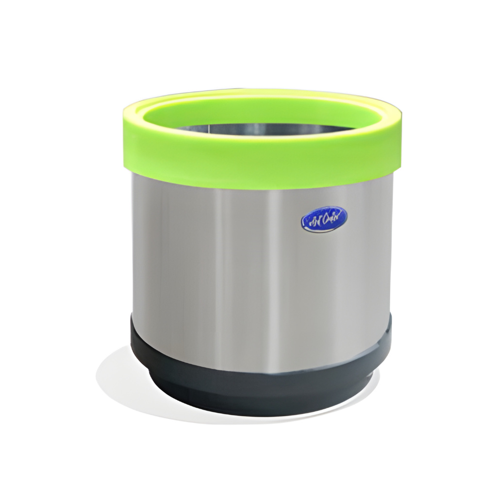 Basurero ecológico cilíndrico de 20 litros en acero inoxidable pulido con aro verde, diámetro 29 cm por 33 cm de alto, fondo plástico y cinturón interno que oculta la bolsa, ideal para separar residuos orgánicos en oficinas, recepciones y baños.