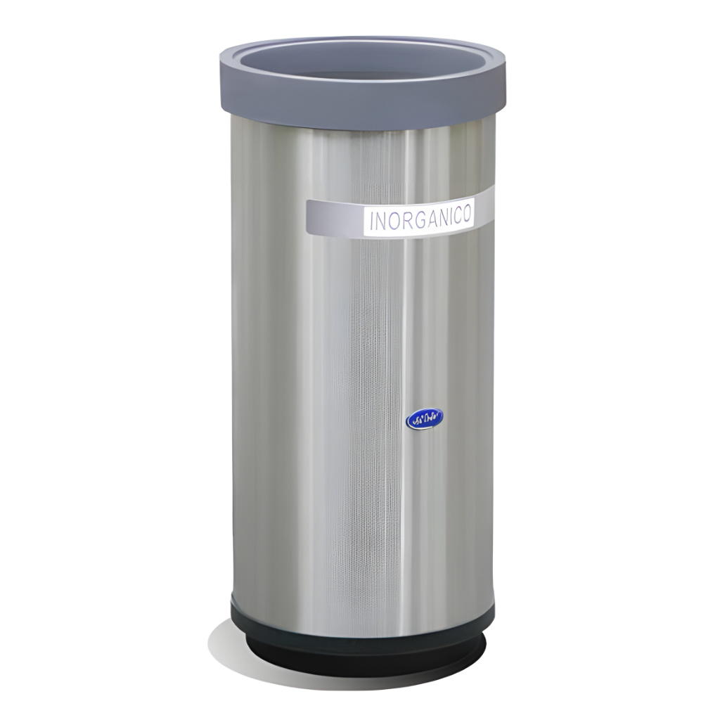 Bote ecológico cilíndrico aro de 40 litros modelo 652111, fabricado en acero inoxidable pulido de 29 × 29 × 63 cm con aro verde orgánico, calcomanía frontal, fondo plástico rígido y cinturón interno para reciclar residuos en interiores.