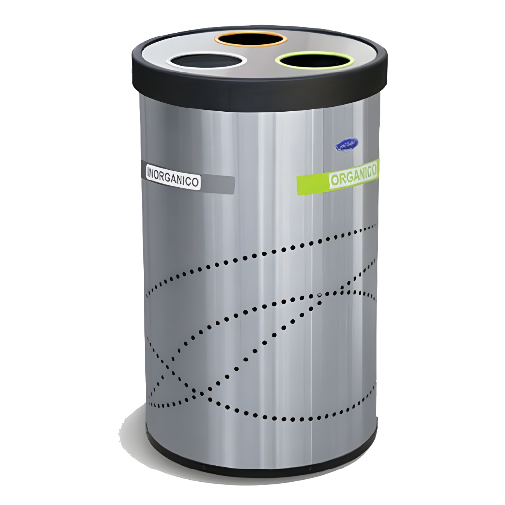 Bote ecológico jumbo de acero inoxidable SKU 663211 con tapa negra y tres aberturas circulares codificadas por color para separar residuos orgánicos, inorgánicos y reciclables en 150 litros de capacidad.