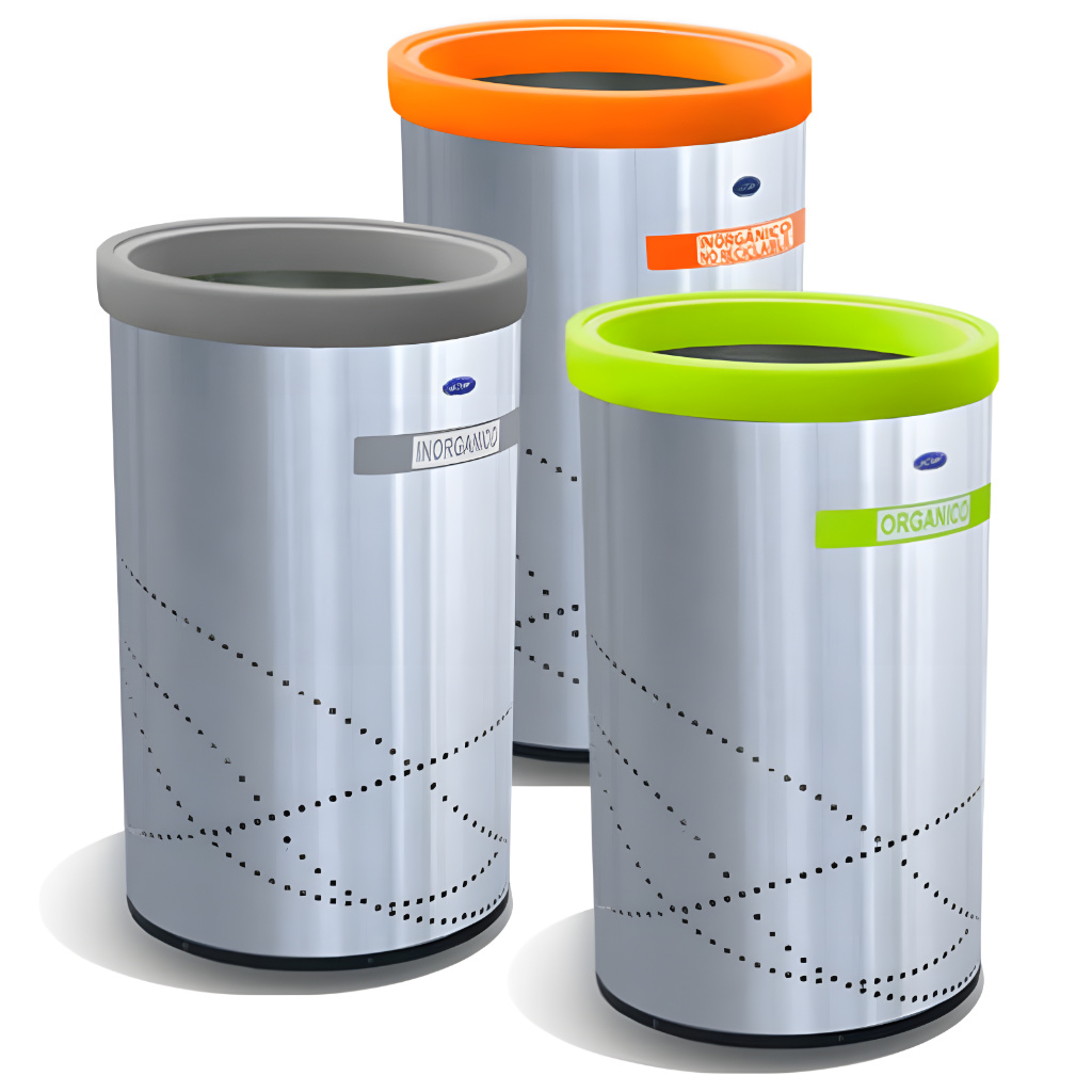 Bote ecológico jumbo aro de 150 litros modelo 655211, fabricado en acero inoxidable pulido de 49 × 49 × 80 cm con aro de colores para reciclaje, cuerpo perforado, cinturón interno que oculta la bolsa y base plástica rígida para interiores de alto tránsito.