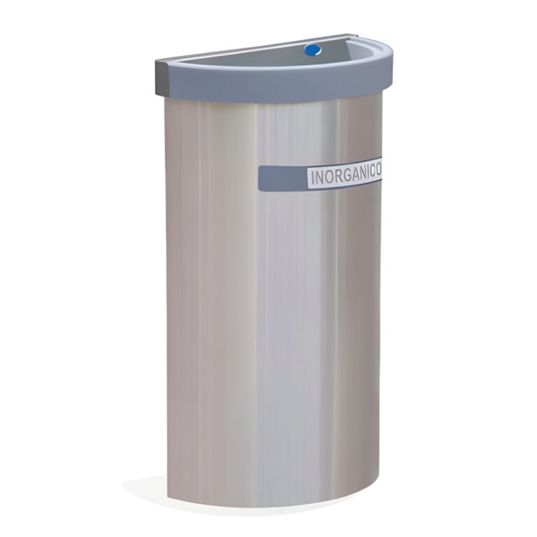 Bote ecológico medio punto de acero inoxidable con aro gris para residuos inorgánicos, capacidad 49 litros, SKU 614211.