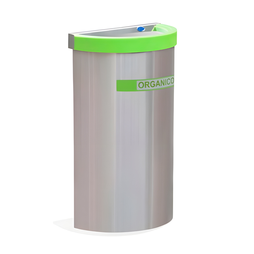 Bote ecológico medio punto de acero inoxidable con tapa balancín verde para residuos orgánicos, capacidad 36 litros, SKU 656011.