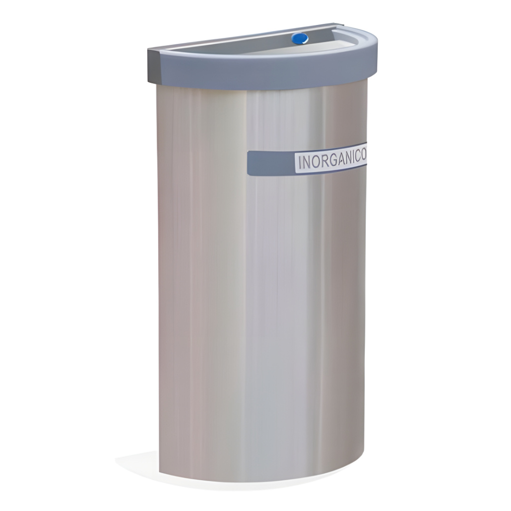 Bote ecológico medio punto de acero inoxidable con tapa balancín gris para residuos inorgánicos, capacidad 49 litros, SKU 656111.