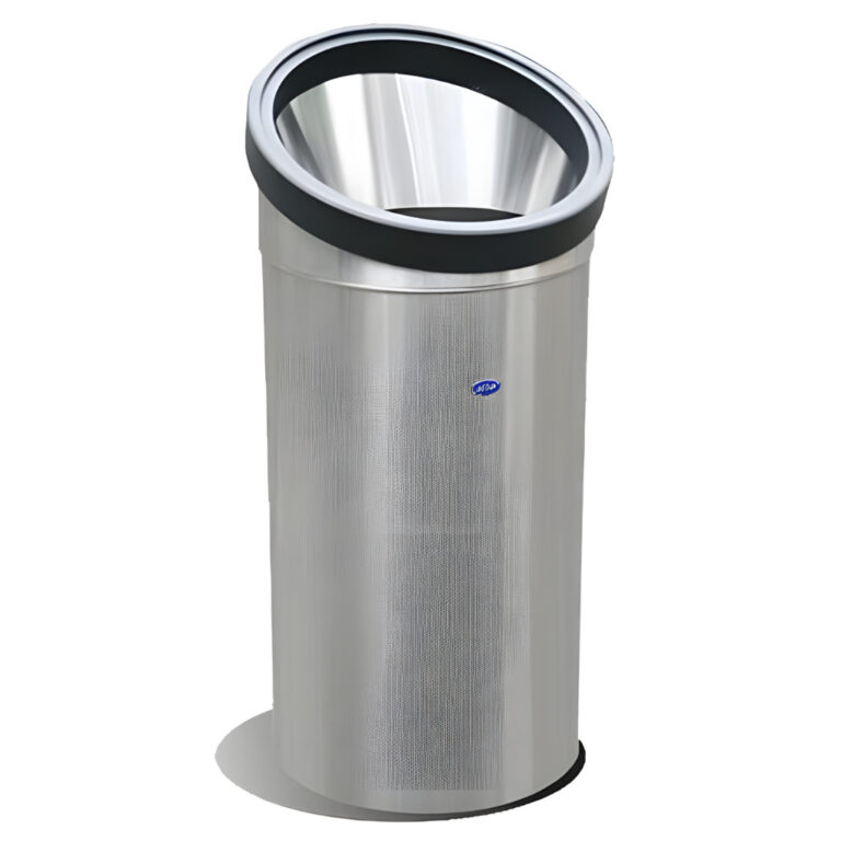 Bote de basura jumbo tapa inclinada de 150 litros modelo 626211, contenedor cilíndrico de acero inoxidable pulido con tapa superior inclinada tipo embudo, abertura amplia para facilitar el depósito de residuos y base plástica de alta resistencia.