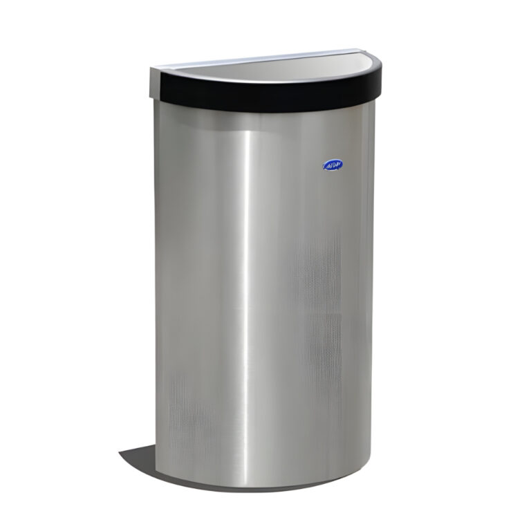 Bote medio punto balancín de 36 litros modelo 614111, contenedor semicilíndrico de acero inoxidable pulido con tapa oscilante tipo balancín, cinturón interno para sujetar la bolsa y diseño para colocarse junto a muros.