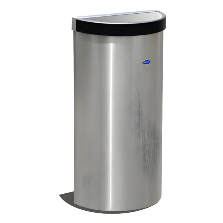 Bote medio punto balancín de 49 litros modelo 614211, contenedor semicilíndrico de acero inoxidable pulido con tapa oscilante, cinturón interno para ocultar la bolsa y estructura alta para áreas de alto tráfico.