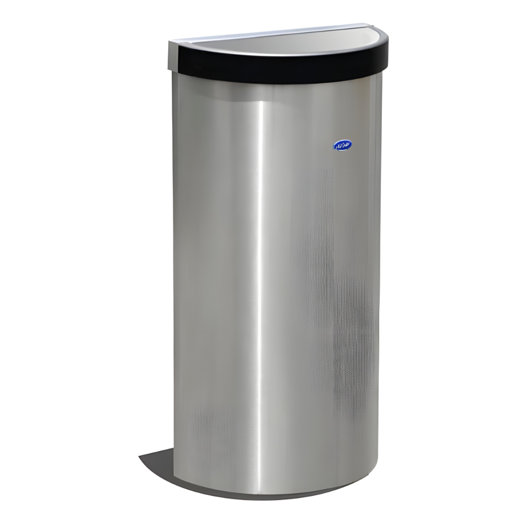 Bote medio punto balancín de 49 litros modelo 614211, contenedor semicilíndrico de acero inoxidable pulido con tapa oscilante, cinturón interno para ocultar la bolsa y estructura alta para áreas de alto tráfico.