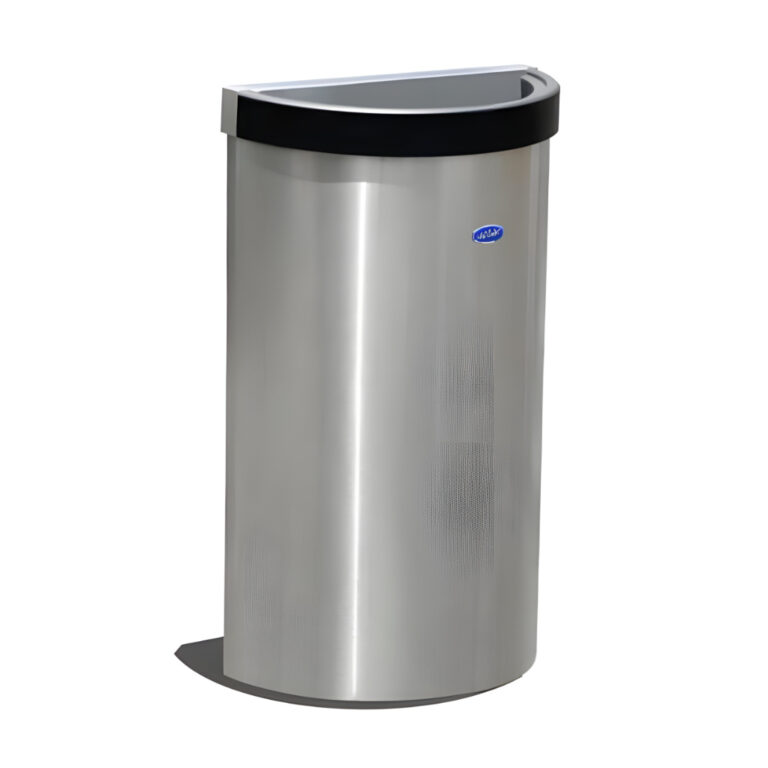 Bote de basura medio punto de 36 litros modelo 613111, contenedor semicilíndrico de acero inoxidable pulido con tapa aro abierta, cinturón interno para sujetar la bolsa y diseño compacto para pasillos, sanitarios y oficinas.