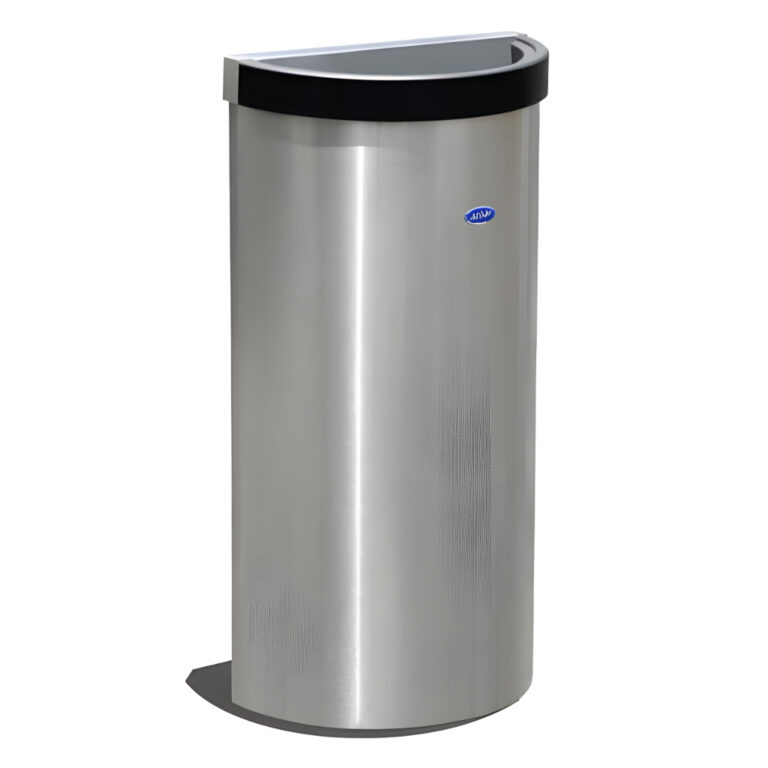 Bote de basura medio punto de 49 litros modelo 613211, contenedor semicilíndrico de acero inoxidable pulido con tapa superior tipo aro abierta, cinturón interno para sujetar la bolsa y diseño para colocarse pegado al muro en oficinas y baños.