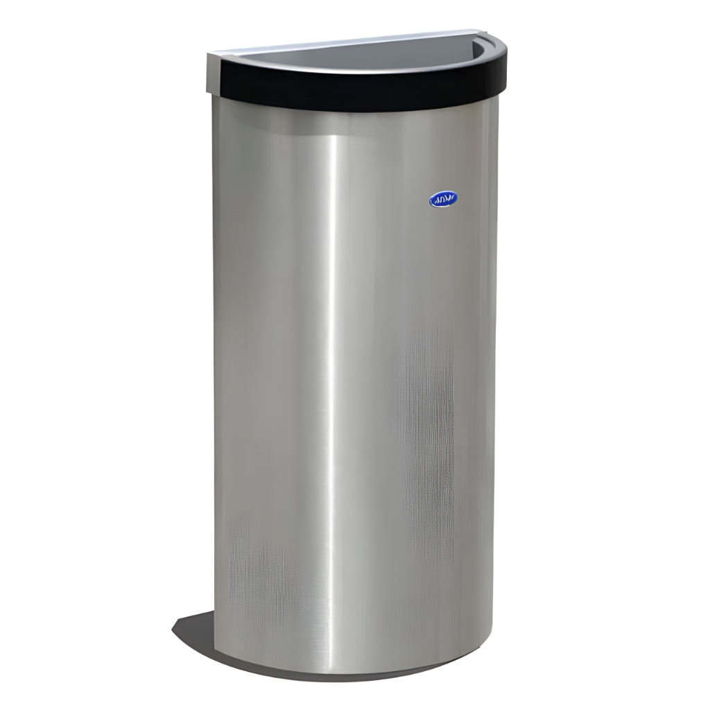 Bote de basura medio punto de 49 litros modelo 613211, contenedor semicilíndrico de acero inoxidable pulido con tapa superior tipo aro abierta, cinturón interno para sujetar la bolsa y diseño para colocarse pegado al muro en oficinas y baños.
