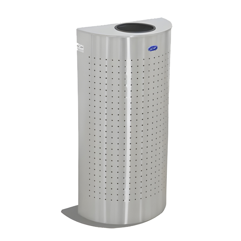 Bote medio punto punzonado de 34 litros modelo 618211, contenedor semicilíndrico de acero inoxidable pulido con frente perforado decorativo, tapa superior tipo aro y cinturón interno para ocultar la bolsa.