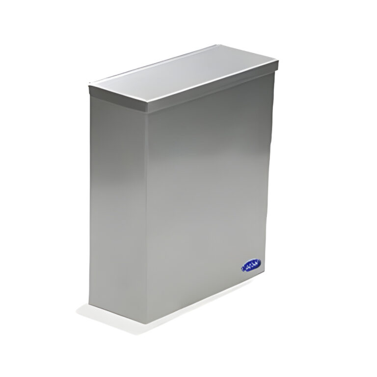 Bote para toallas sanitarias de acero inoxidable empotrable, rectangular, capacidad 8 litros, SKU 241011, ideal para baños de oficinas y comercios.