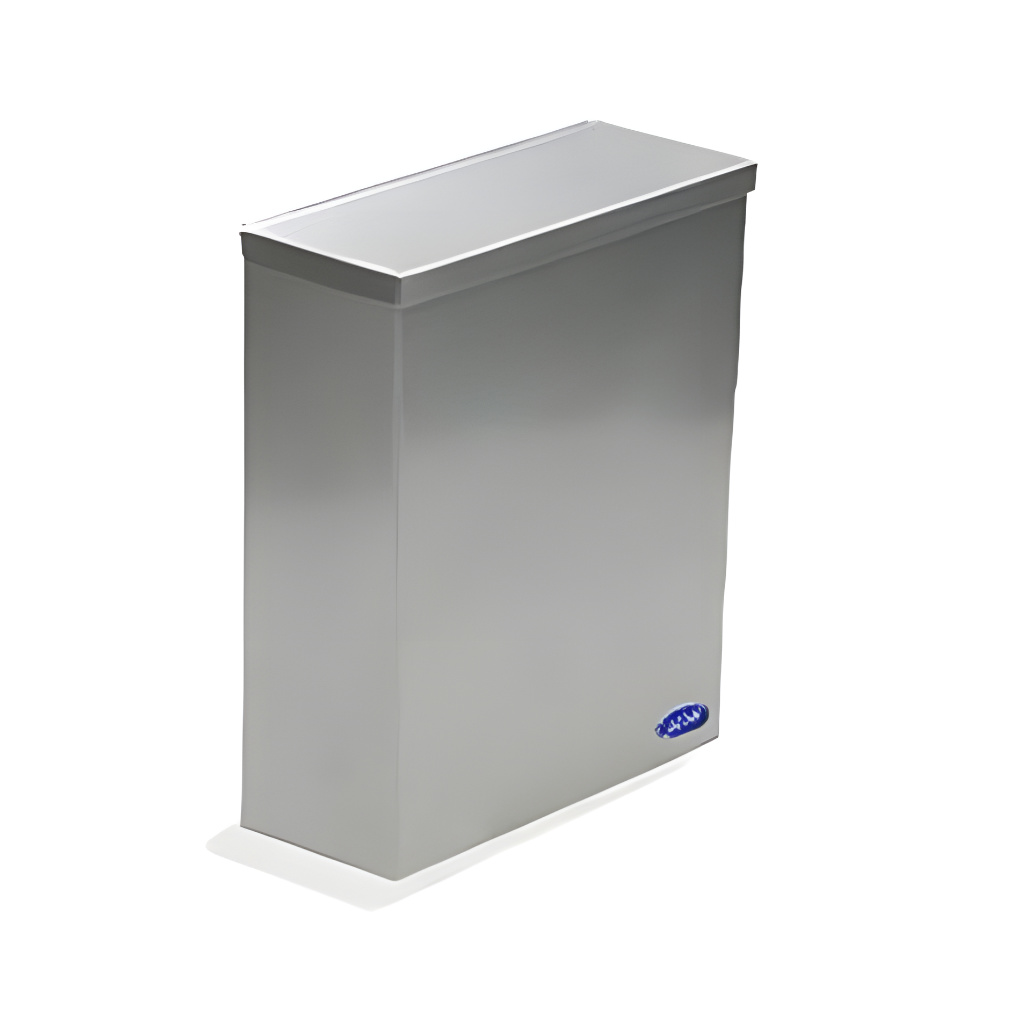 Bote para toallas sanitarias de acero inoxidable empotrable, rectangular, capacidad 8 litros, SKU 241011, ideal para baños de oficinas y comercios.​