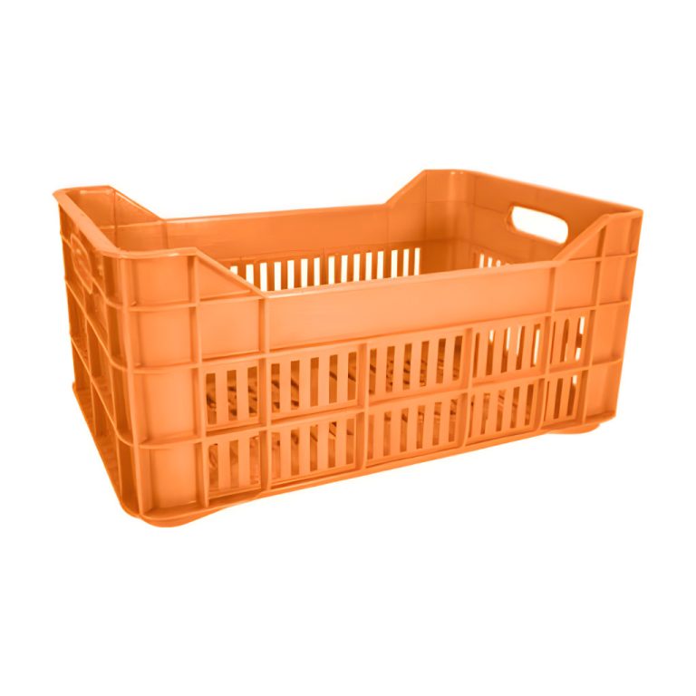 Caja agrícola mediana calada naranja, 53 x 34.5 x 24 cm, capacidad 25 kg, ventilada para frutas y hortalizas.