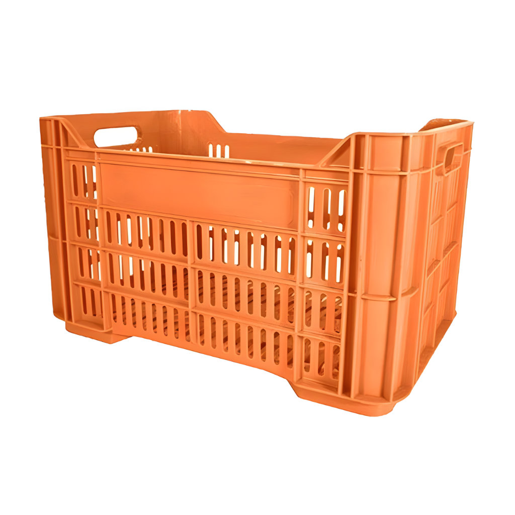 Caja plástica agrícola Andrea calada color naranja, 53.2 x 34.1 x 30.2 cm, capacidad 25 kg, ventilada para limón, uva y frutas de exportación.