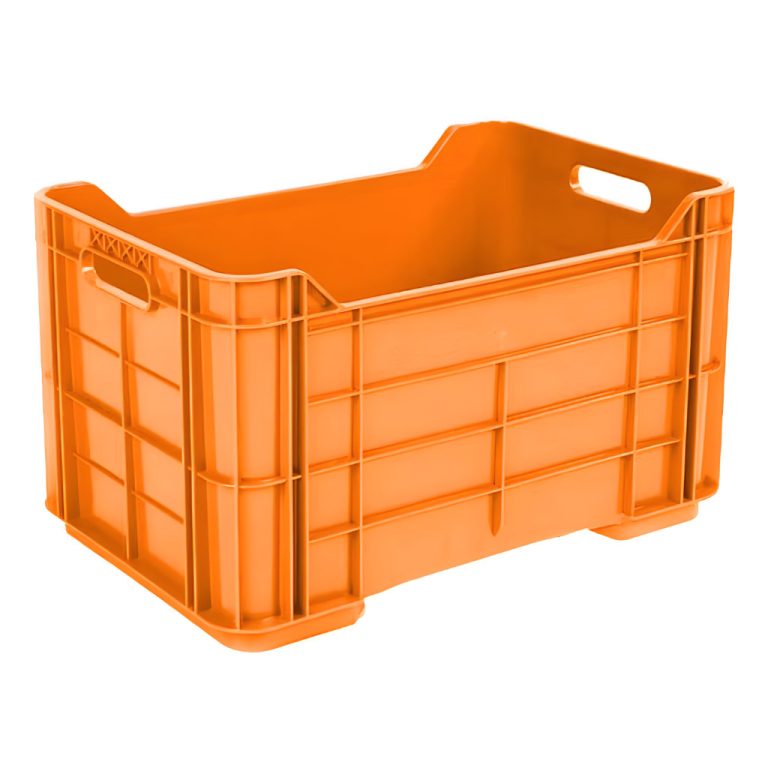 Caja plástica agrícola Andrea cerrada naranja, 52.4 x 34.2 x 30.4 cm, capacidad 35 kg, paredes cerradas para productos a granel y alimentos procesados.