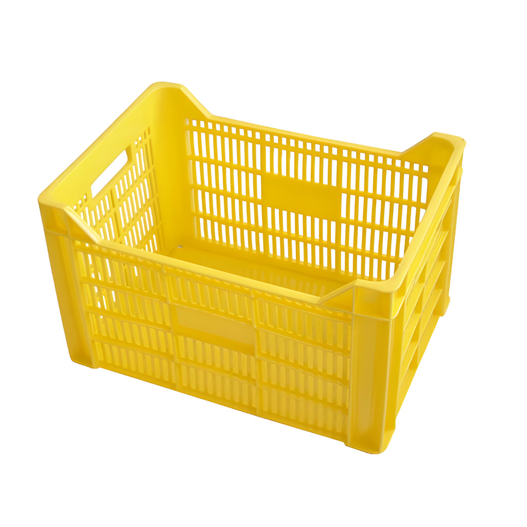 Caja plástica bananera calada amarilla, 50.5 x 35.4 x 30.6 cm, capacidad 25 kg, ventilada para plátano, frutas y hortalizas, fabricada en polietileno de alta densidad.
