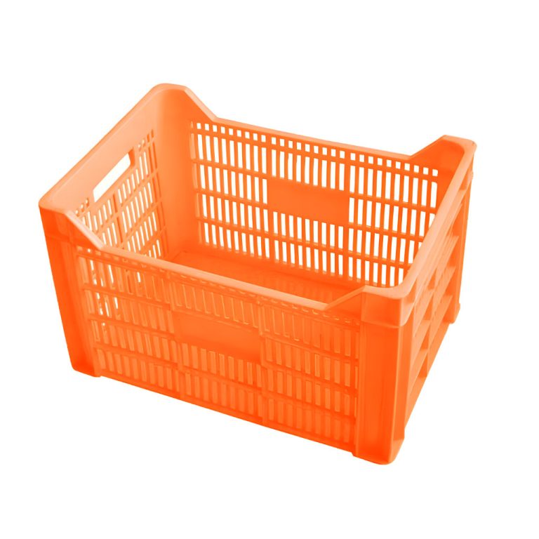 Caja plástica bananera calada naranja, 50.5 x 35.4 x 30.6 cm, capacidad 25 kg, apilable y ventilada para plátano y otros cultivos agrícolas.