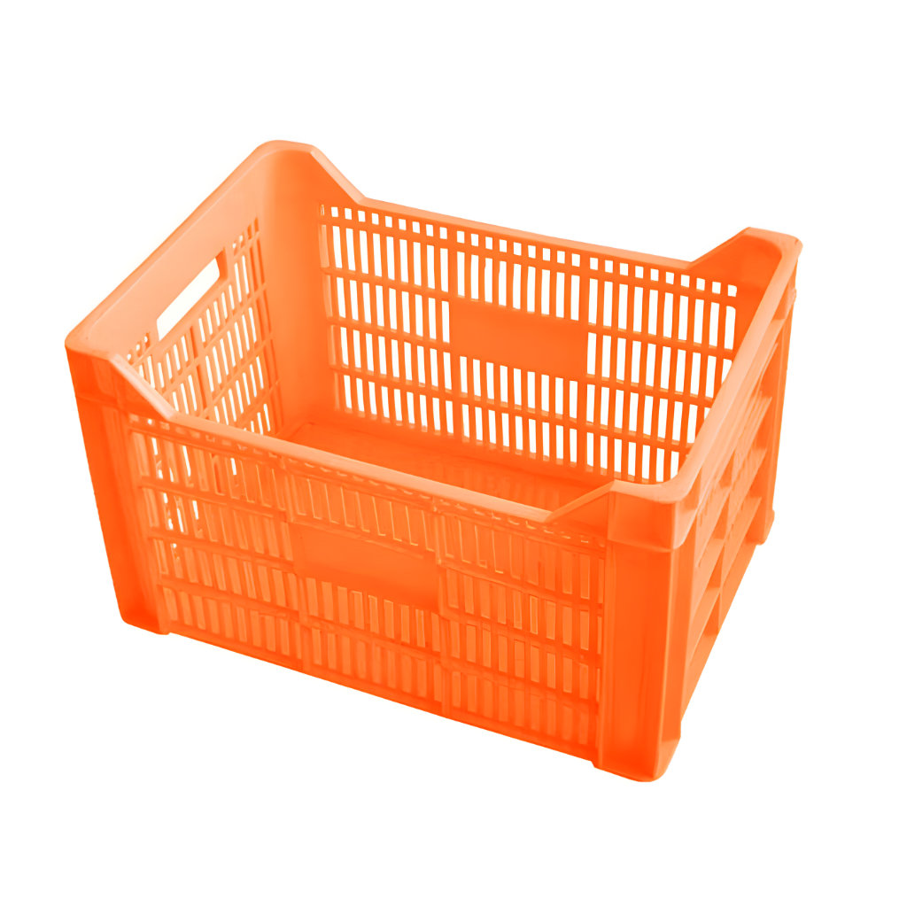 Caja plástica bananera calada naranja, 50.5 x 35.4 x 30.6 cm, capacidad 25 kg, apilable y ventilada para plátano y otros cultivos agrícolas.