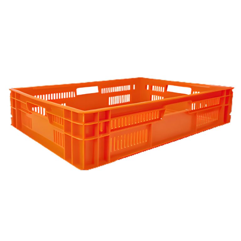 Caja plástica agrícola California calada 12 naranja, 60 x 40 x 12.6 cm, capacidad 10 kg, ventilada para frutas y hortalizas delicadas.
