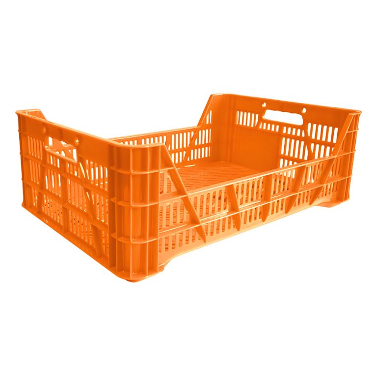 Caja California calada baja 20 naranja, 59.8 x 40 x 20.2 cm, capacidad 20 kg, diseño calado para frutas y hortalizas.