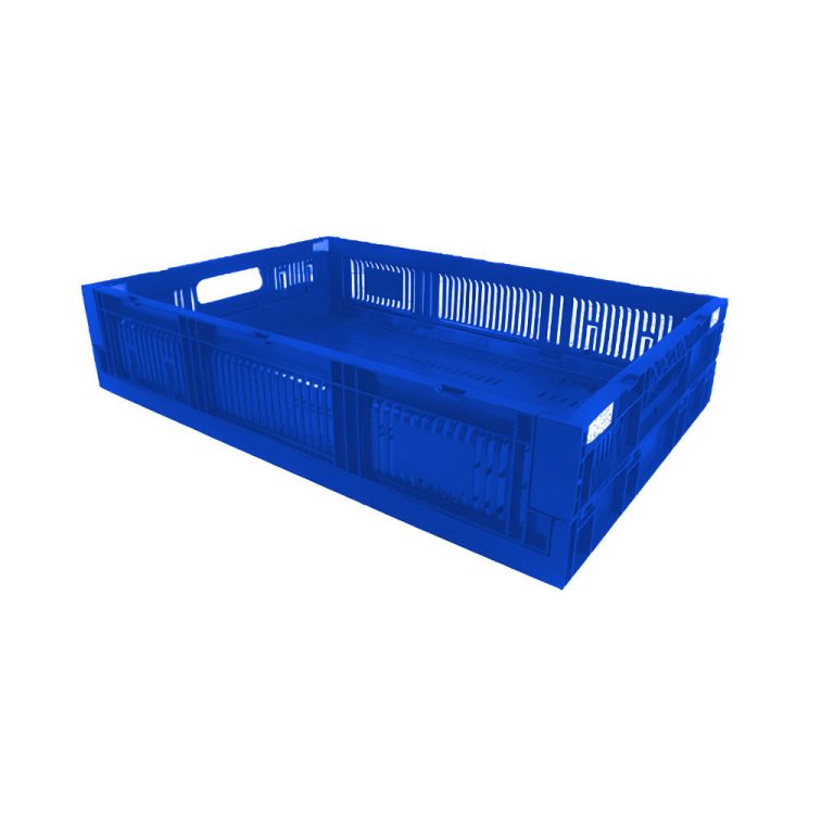 Caja CPR colapsable agrícola 13, 60 x 40 x 13 cm, plástico HDPE ventilado para frutas y verduras, color azul, apilable y plegable.