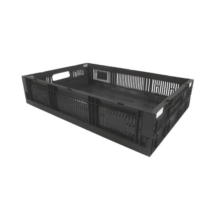 Caja CPR colapsable agrícola número 13, 60 x 40 x 13 cm, plástico HDPE ventilado para frutas y verduras, color negro, apilable y plegable.