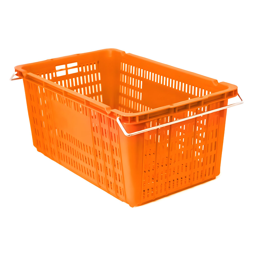 Caja frutera plastica calada 60x40x34 25kg naranja asa metalica