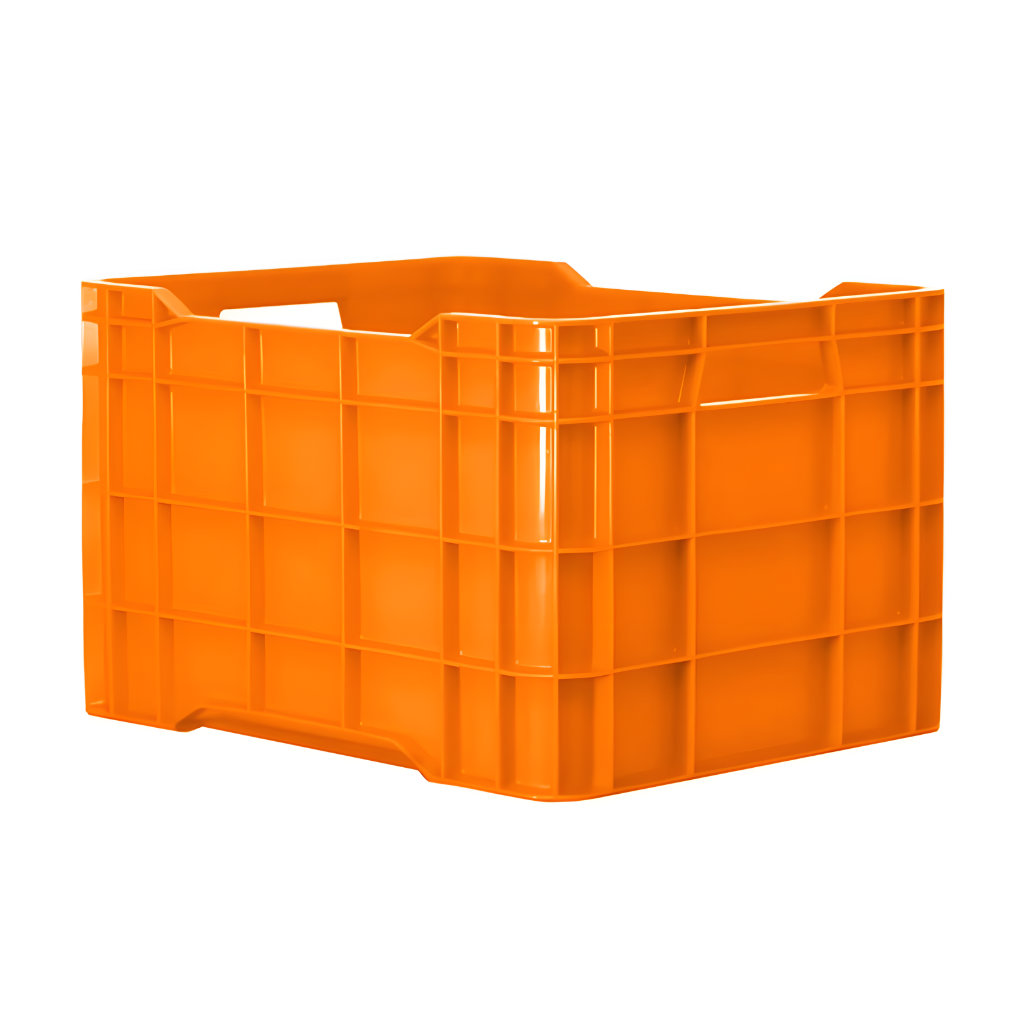Caja ganadera cerrada plástica naranja, 60 x 40 x 40 cm aprox., fondo liso reforzado, capacidad 40 kg para carne, hielo y productos alimenticios.