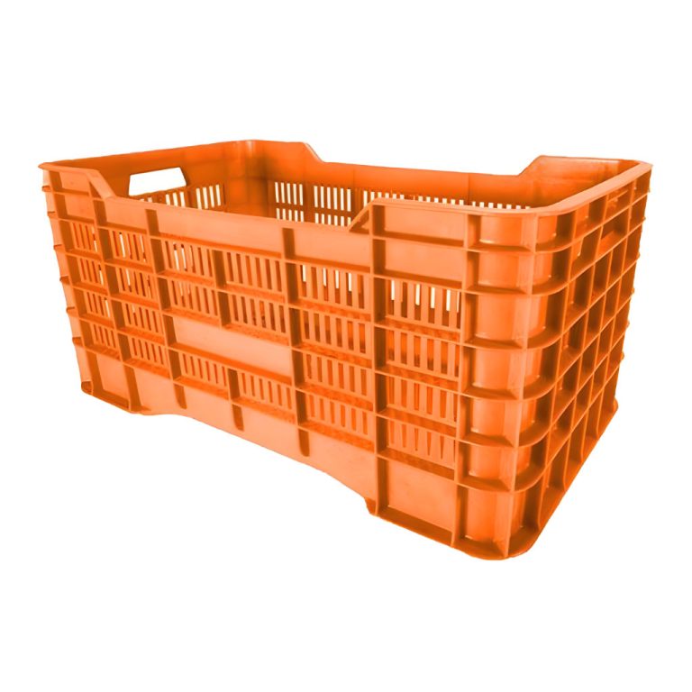 Caja Gigante calada naranja, 73 x 42.5 x 35 cm, capacidad 70 kg, paredes caladas y piso reforzado para agrícola y acuícola.