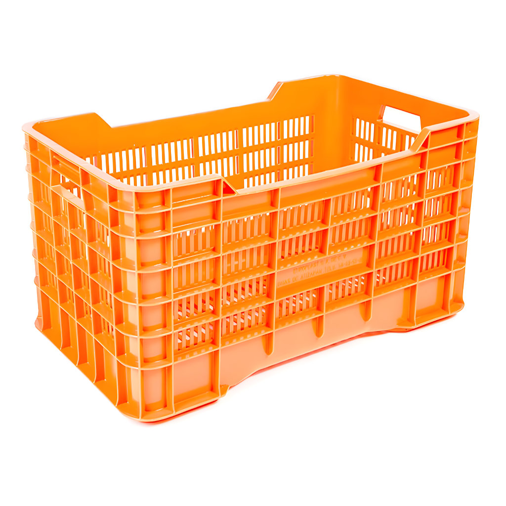 Caja Gigante calada piso calado naranja, 73 x 42.5 x 35 cm, capacidad 40 kg, ventilada para productos agrícolas y acuícolas.