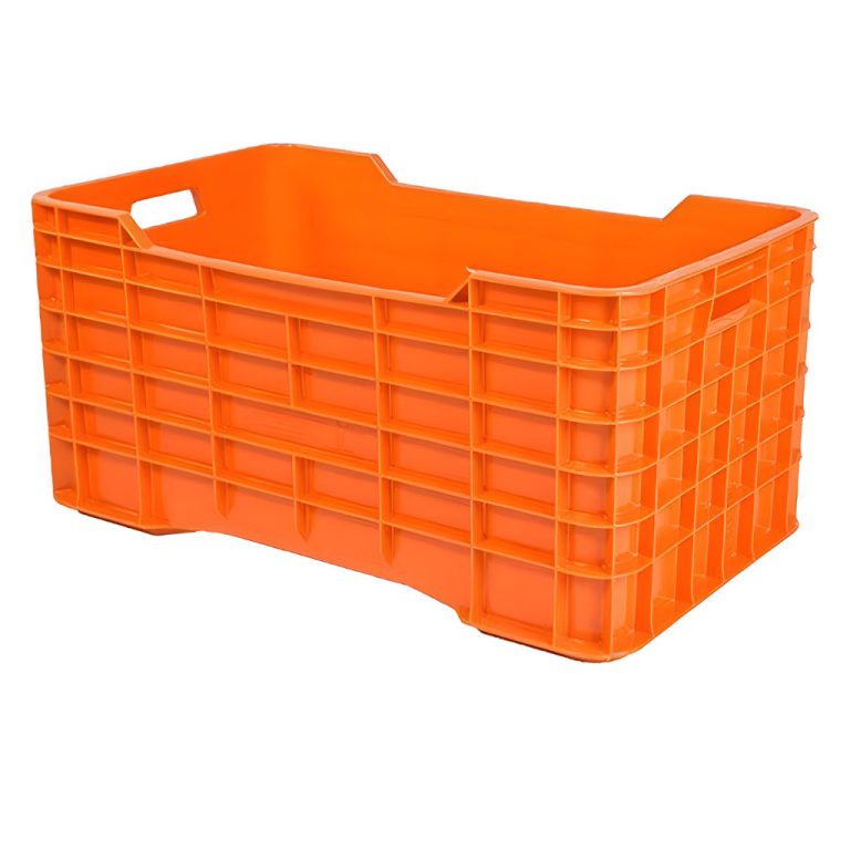 Caja plástica Gigante cerrada naranja, 73 x 42.5 x 35 cm, capacidad 75 kg, paredes lisas para productos a granel agrícolas y acuícolas.