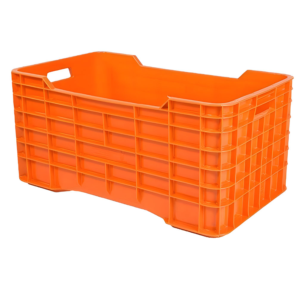 Caja plástica Gigante cerrada naranja, 73 x 42.5 x 35 cm, capacidad 75 kg, paredes lisas para productos a granel agrícolas y acuícolas.