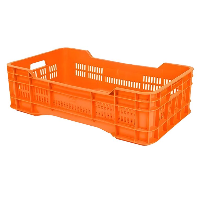 Caja Gigante mediana calada naranja, 72.4 x 42.8 x 21.2 cm, capacidad 22 kg, ventilada para frutas, hortalizas y productos del mar.