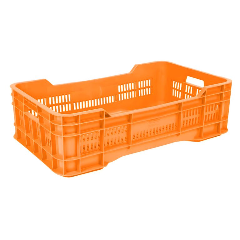 Caja Gigante mediana calada piso calado naranja, 72.4 x 42.8 x 21.2 cm, capacidad 22 kg, ventilación completa en paredes y base.