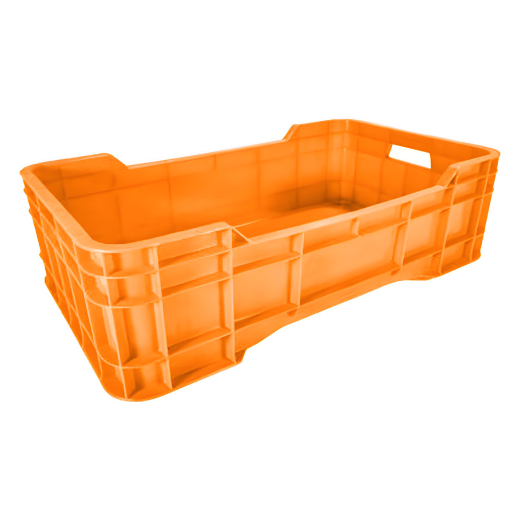 Caja Gigante mediana cerrada naranja, 72.4 x 42.8 x 21.2 cm, capacidad cercana a 40 kg, paredes cerradas para productos alimenticios y agrícolas.