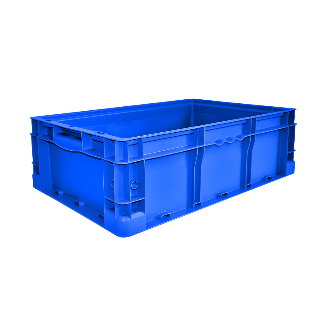 Caja plástica industrial Interstack o-container número 510092 de 24-15-7 pulgadas azul, polipropileno resistente, para almacén y logística industrial.