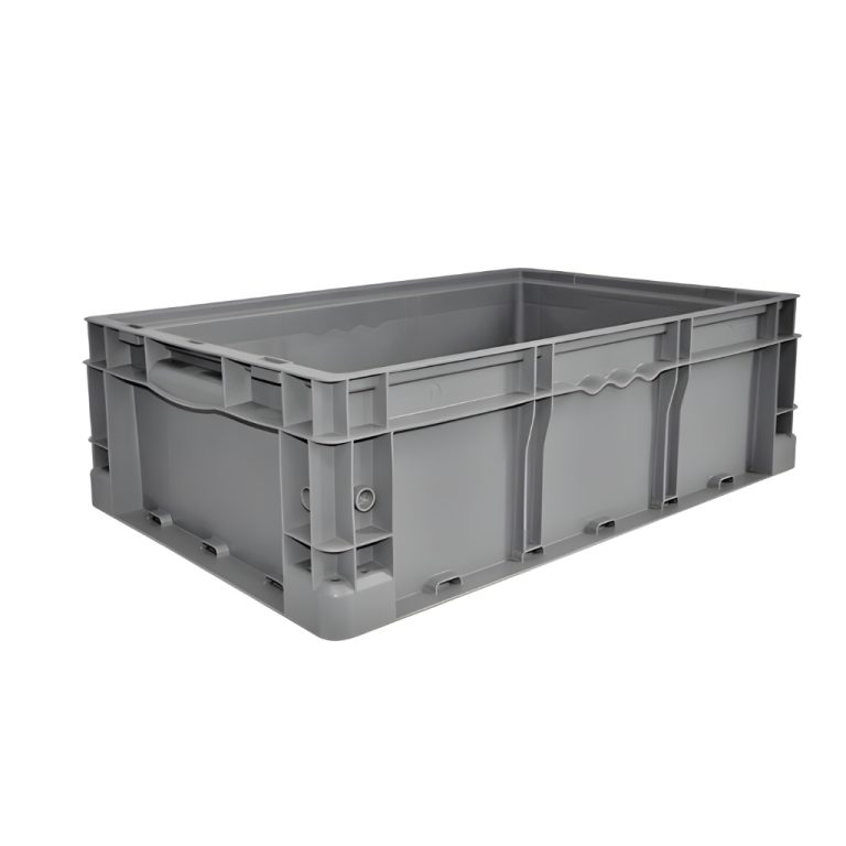 Caja plástica industrial Interstack o-container número 510092 de 24-15-7 pulgadas gris, polipropileno resistente, para logística y organización industrial.