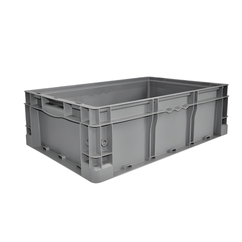Caja plástica industrial Interstack o-container número 510092 de 24-15-7 pulgadas gris, polipropileno resistente, para logística y organización industrial.