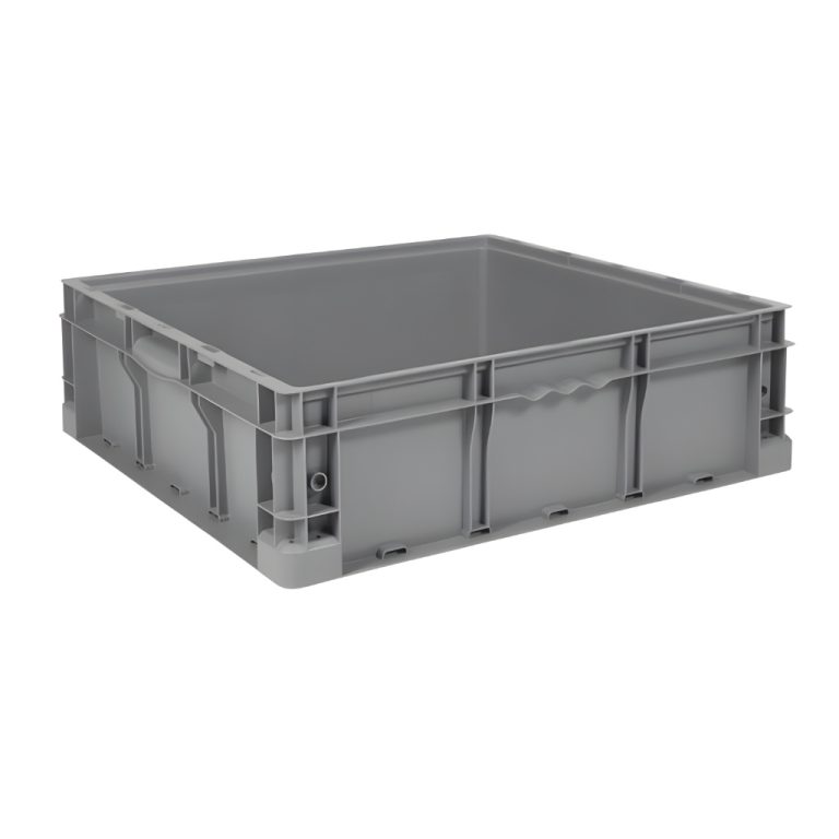 Caja plástica industrial Interstack o-container número 510093 de 24-22-7 pulgadas gris, polipropileno resistente, para almacenamiento y procesos industriales.