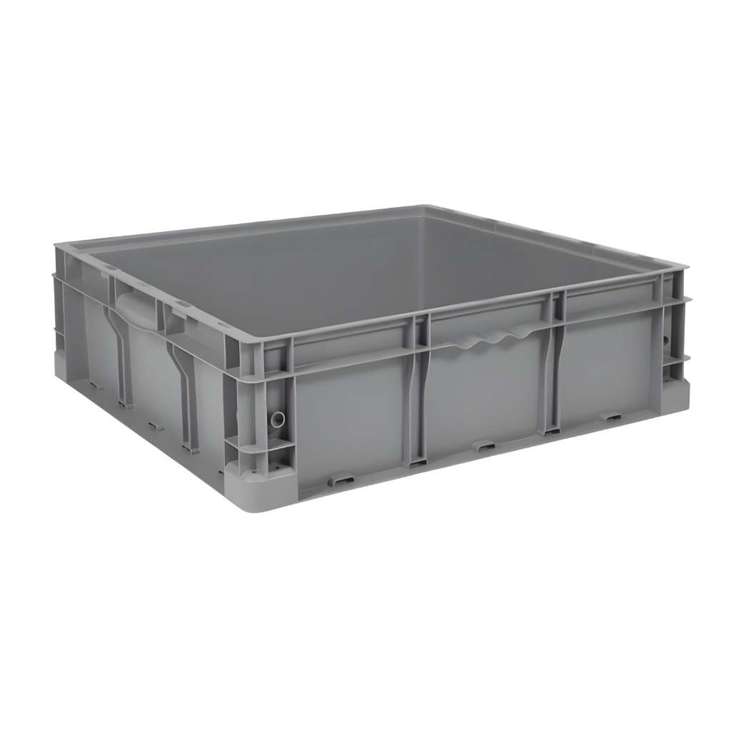 Caja plástica industrial Interstack o-container número 510093 de 24-22-7 pulgadas gris, polipropileno resistente, para almacenamiento y procesos industriales.